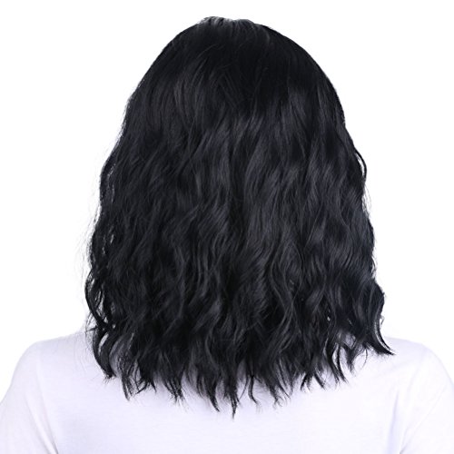 BERON Short Curly Center Parted Wigs for Black Women Natural Beach Wave Wigs Come with Wig Cap (Black)