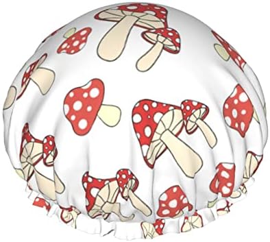 Chak Red Mushroom Shower Cap Women Waterproof Reusable PEVA Lining Adjustable Elasticized Hem for All long Hair Bath Hat