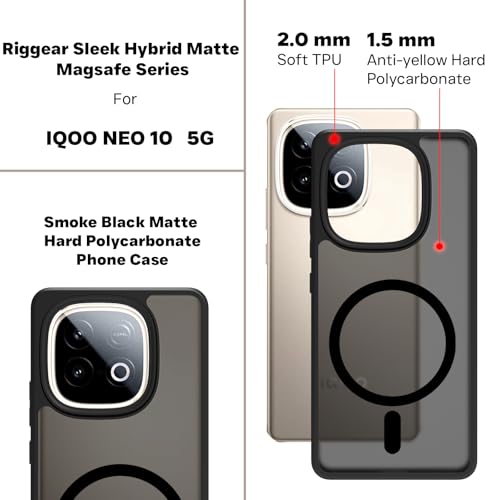 Image of RIGGEAR Shockproof Sleek Hybrid Armor Magnetic Back Cover Case Compatible with MagSafe Accessories for iQOO Neo 10 5G (Smoke Black Matte PC and Black TPU Bumper)