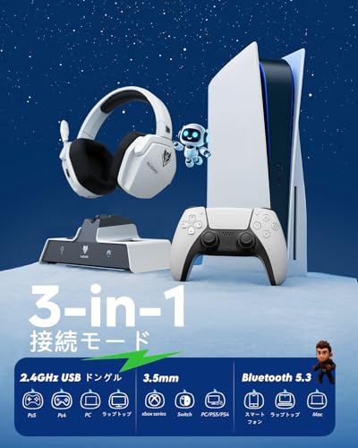 NUBWO 無線 ゲーミングヘッドセット ベースステーション付き PS5 ヘッドセット【2.4G USB/Bluetooth 5.3/3.5mm有線】3WAY 接続20ms超低遅延 100 時間長時間使用 ミュート機能PS5/PS4/Switch/PC/スマホ対応 FPS ゲームヘッドセット 専用