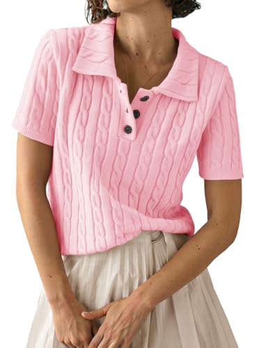Image of Imily Bela Womens Polo V Neck Pullovers Lightweight Short Sleeve Cable Knit Sweater Business Casual Summer Tops 2025