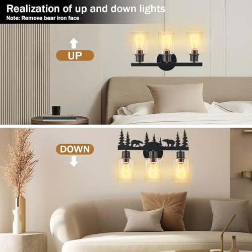Image of Rustic Bathroom Light Fixtures, 3-Light Farmhouse Vanity Lamp with Bear Design and Clear Glass Shade, Black Wall Lighting for Bathroom, Hallway, Kitchen, Porch