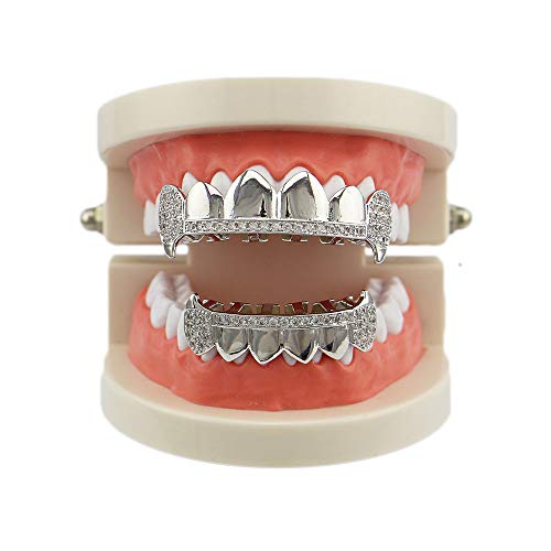 Oocc 18K Gold Plated Hip Hop Teeth Grillz Caps Iced Out Cz Top And Bottom Vampire Fangs Grillz With Diamonds For Your Teeth (Silver) #TOP4
