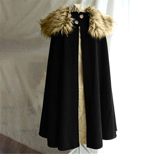 Hhaappyy Cloak Coat For Men Winter Warm Gothic Wool Faux Fur Collar Long Cape Cloak Vintage Game Of Thrones Fleece Jacket, Black, 3X-Large #TOP1