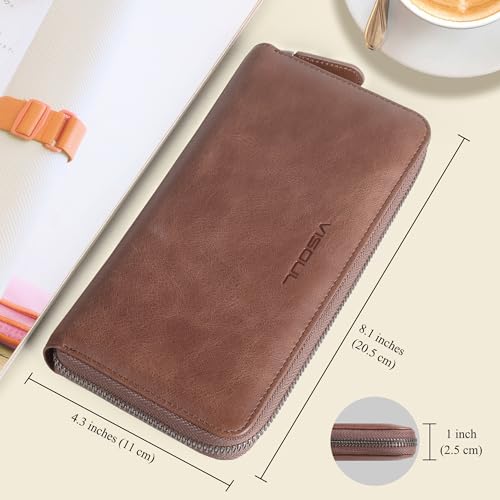 VISOUL Leather Long Zipper Pouch Wallet for Men and Women with RFID Blocking, Large Clutch Cash Long Wallet with Zipper (Brown)3