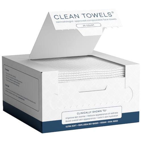 Clean Skin Club Clean Towels 100% USDA Biobased Face Towel Disposable Face Towelette Eczema Association Accepted Makeup Remover Dry Wipes Ultra Soft 1 Pack 25 Ct