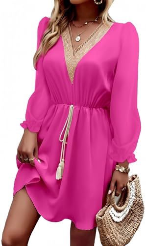 Image of Dokotoo Womens V Neck Dresses Lantern Long Sleeve Lace Trim Midi Dress Tassel Belt Shirt Dress