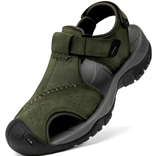 Image of Men's Sport Sandals Closed Toe Leather Hiking Athletic Walking Outdoor Beach Trail River Fishing Water Shoes Lightweight Comfortable Waterproof