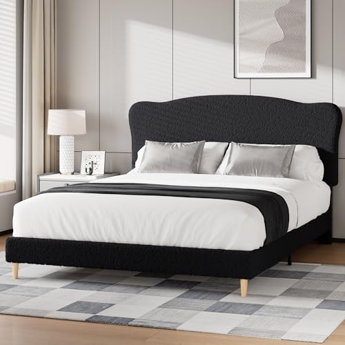 GarveeHome Queen Size Bed Frame with Upholstered Headboard, Soft Low Profile Sturdy Platform Bed with Rounded Corners Design, Heavy Duty, Wooden Slats, Noise Free, No Box Spring Needed, Blac