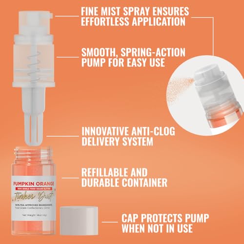 Bakell - Pumpkin Orange Tinker Dust (4g, 1x Mini Spray Pump) Edible Glitter for Food, Desserts, and Beverages!