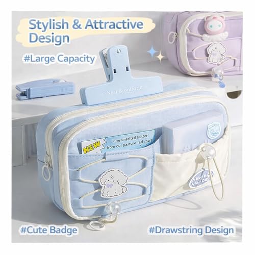 Image of Invite Large Capacity Cute Aesthetic Pencil Case with Multi Compartments, Multi-Pocket Pastel Pen Pouch Organizer with Zipper, Kawaii School Supplies Bag for Girls, Teens & Students (Light Blue Dog)