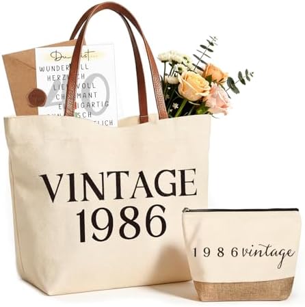 Giftota Geschenk Frau 40 Geburtstag, Vintage 1986 Geschenkset für Frauen, Canvas Tragetasche mit Ledergriffen & Kosmetiktasche, Back in 1986 Geburtstagsgeschenk