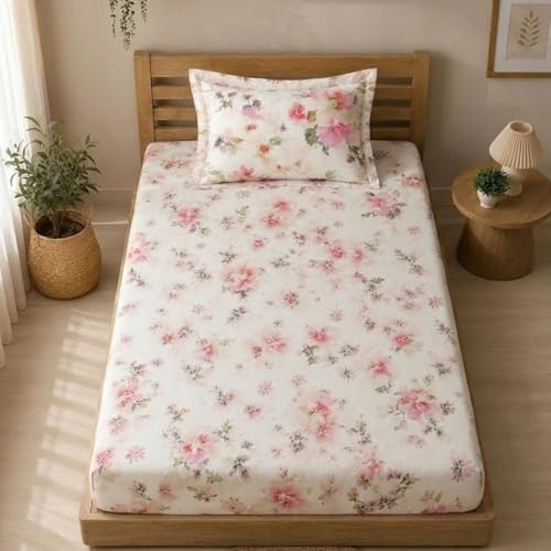 Image of Linen Home Cotton Percale Fitted Bedsheet Set Single Size Floral Pink