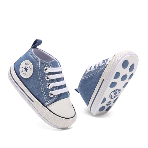 Image of Unisex Baby Boys Girls Shoes, Newborn Infant Non-Slip Canvas Denim High Top Sneakers, Toddler First Walkers Shoes