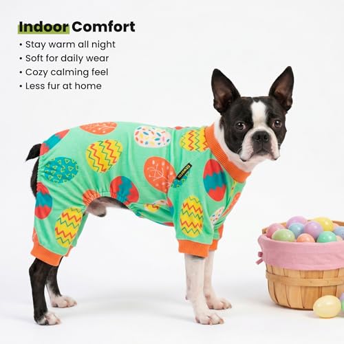 Image of Fitwarm Easter Egg Dog Pajamas, Holiday Dog Clothes for Small Dogs Girl Boy, Pet Easter Outfit, Puppy Cat Onesie, Lightweight Velvet, Light Green, Orange, Medium