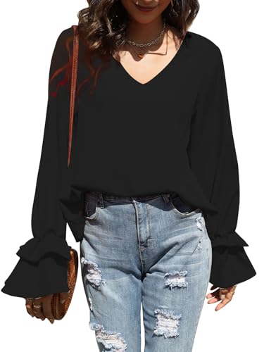 LYANER Women's Casual V Neck Tiered Ruffle Bell Long Sleeve Blouse Shirt Tunic Top3