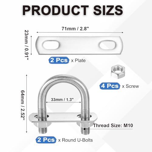 Image of PATIKIL Round U-Bolts, 2 Pcs 1.3 inch(33mm) Inner Width 64mm Length M10 with Nut Plate Washer 304 Stainless Steel Round Bend U-Bolts for Boat Trailer Axle Sailboat