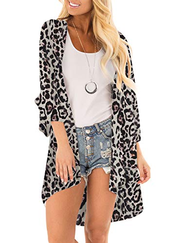 Women Floral Print Kimono Cover Up Sheer Chiffon Blouse Loose Long Cardigan Leopard Print Small