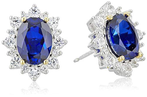 .925 Sterling Silver Two Tone Oval Cut Created Blue & White Sapphire Starburst Halo 1/2