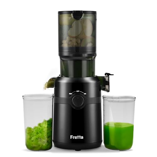Fretta - Extracteur de jus Fretta Slow Juicer, 108 mm, capacité 1 L, pour fruits et légumes, presse-agrumes à froid, facile à utiliser, haut rendement, Tritan sans BPA (Noir Black)