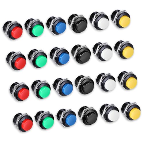 24 Stück Mini Momentary Push Button Schalter, 16MM Selbstrückstellende Rundtaster Sortiment Rund Drucktaster, 3A 250V AC 2-Polig, Vorverkabelt mit Kabelschuhen für Auto, Arcade Industrie
