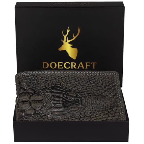 Image of Men's Top Grain Leather Wallet with Crocodile 3D Print | 8 Card Slots Bifold Wallet | RFID Protected (Black)