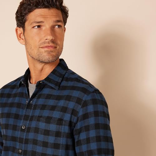 Amazon Essentials Men's Slim-Fit Flannel Shirt, Long Sleeve Button Down Plaid, Black Blue Buffalo Plaid, Large - Image 4