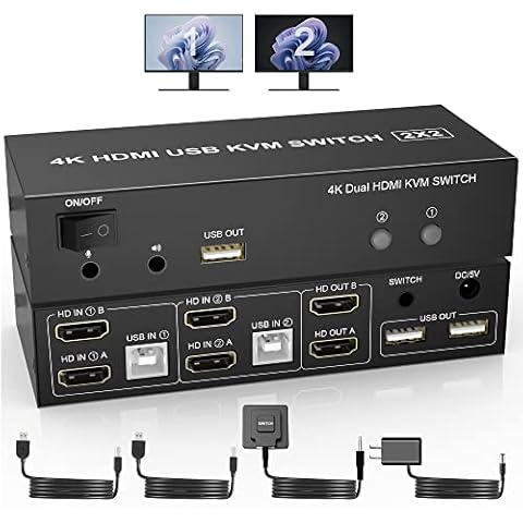 HDMI KVM Switch Dual Monitors 2 Computer, 4K@60Hz Extended Display 2 Ports HDMI KVM Switch 2 Monitors 2 Computer mit 3 USB Ports und Audio Mikrofon Port Cover