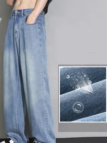 Men's Summer Thin Denim Jeans Loose Fit Straight Leg Elastic Waist Korean Style Casual Trousers3