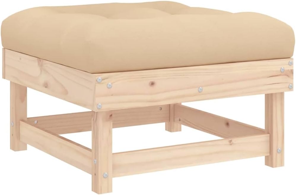Rustic Outdoor Garden Footstool Beige 23.8x24x11.8in Solid Pine Wood Ottoman Cushioned Patio Ottoman Small Balcony Couch for Garden, Deck, Porch, Lawn
