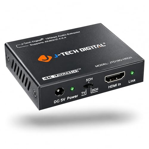 4K 60Hz HDMI Audio Extractor Converter SPDIF + 3.5MM Output Supports HDMI 2.0, HDCP 2.2, 1080P@120Hz, 1080P@144Hz, Dolby Digital/DTS Passthrough CEC, HDR10 by J-Tech Digital [JTD18G-H5CH]