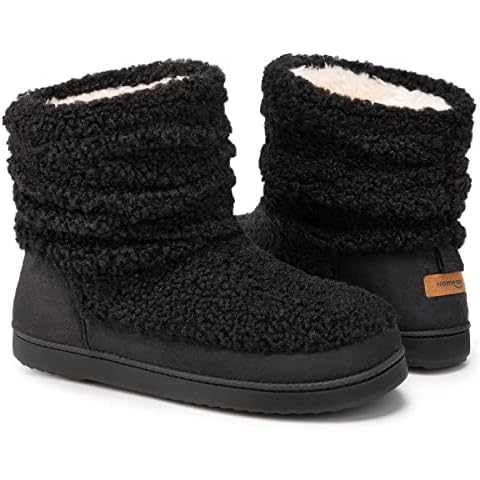 HomeTop Women's Boot Slippers Warm Memory Foam House Shoes Indoor Outdoor with Rubber Soles Black, 5/6 UK Cover
