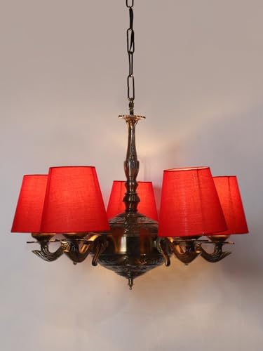 Image of Devansh 05 Lights Red conical Cotton Shade with Antique Golden Chandelier