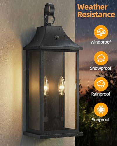 Image of RAYVO 21.5 inch Large Outdoor Lantern Lights Dusk to Dawn, Modern Farmhouse Exterior Light Fixtures Wall Mount, Anti-Rust Outside Wall Sconce for Porch Garage Entryway Patio, Black, 2 Pack