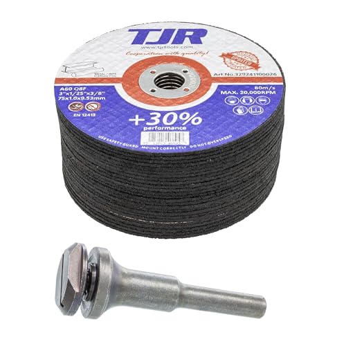 TJR© Stabschleifer-Trennscheiben- und Dorn-Kit – Inklusive 1 Stück Stiele 6 mm für Scheiben mit 3/4 (9,53 mm) Bohrung und 25 Stück 75 mm x 1 mm Dünne Scheiben, A60 QBF, 9,53 mm AH