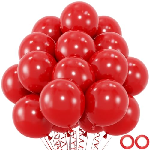 Image of 100pcs Red Balloons, Helium Quality 12 inch Red Latex Party Balloon for Birthday, Anniversary, Christmas, Racing Theme & Casino Party Decor (66ft Ribbons)