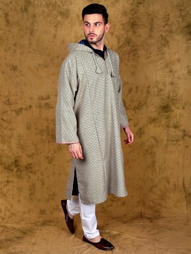 Image of Exotic India Men's Woolen Blend Kashmiri Phiran with Hood | Pure Wool Long Overcoat-Oversized Phiran for Men