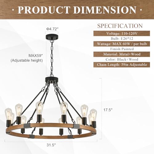 Image of Oak Wooden Wagon Wheel Chandelier 12-Light 31.5 inch Light Fixture