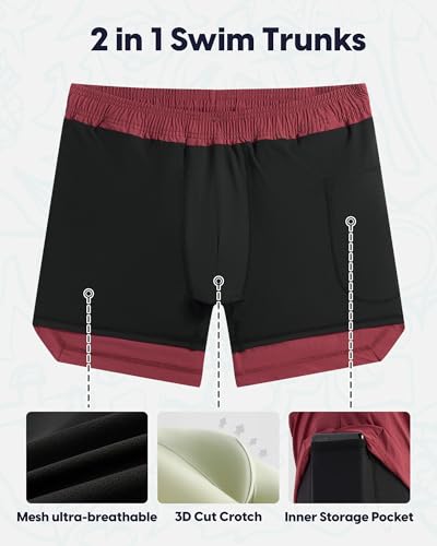 Image of maamgic Mens Swim Trunks 5 inch with Compression Liner Stretch Quick Dry Swim Shorts Swimming Trunks Bathing Suits