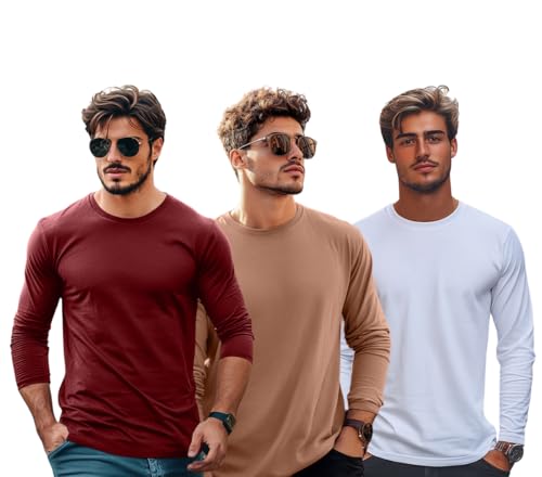 Image of Veirdo Pure Cotton Round Neck Regular Fit Solid Full Sleeve T-Shirt Pack of 3 Combo for Men (Colors: Swanwhite, Green, Navy, Black, Cork, White & Maroon)