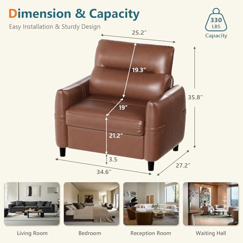 Image of Brown Leather Accent Chair, Oversized Deep Seat Armchair Living Room | STHOUYN Leather Reading Chair, Comfy Deep Seat Armchair with Mid-Century Style, Office Bedroom Apartment Waiting Room, Brown