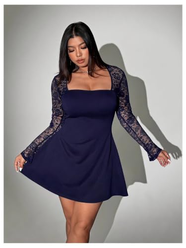 Image of Floerns Women's Plus Size Lace Sheer Long Sleeve Square Neck Mini Dresses