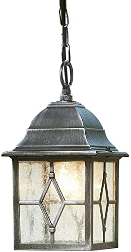 Lights4Living Hanging Outdoor IP Rated Chain Lantern Black Silver with Leaded Style Cathedral Glass Panels - LED Compatible