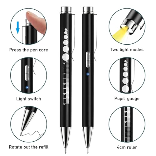 3PC Diagnostikleuchte Medizinische, Pupillenleuchte Medizin, Wiederaufladbare LED Pupillenleuchte mit USB-Kabel, Medizinische Pupillenleuchte mit Pupillenmessgerät & Lineal & Beschreibbarer Mine