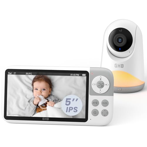 GHB Baby Monitor Video e Audio 5'', 350°/120°, 720HD IPS Schermo, Rilevamento della Temperatura, Luce Notturna Integrata, Visione Notturna, Interfono Bidirezionale, Ninna Nanna