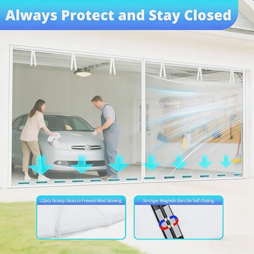 White Garage Door Screen For 2 Car 16x7FT, Magnetic Screen Garage with Retractable Fiberglass Mesh and Heavy Duty Weighted Bottom, Easy Assembly & Pass, Hands Free Screen Door for Garage/Patio by FEGO - Used condition - Image 4