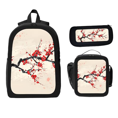 Flower Plum Blossom Japanese 3 Pcs 17 Inches Backpack Set With Insulated Lunch Bag And Pencil Pouch Large Back Pack For Men Women Lunchbox Pencil Case Waterproof Backpacks Lunch Box 3 Piece Daypacks2