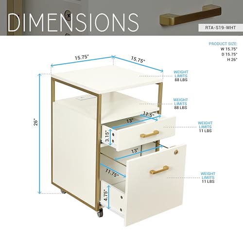 Modern 2-Drawer Rolling File Cabinet with Lock, 2 USB Ports and Power Outlet for Device Charging, Portable File Organizer or Printer Stand for Office or Home with Locking Wheels, White & Gold by Techni Mobili - Image 4