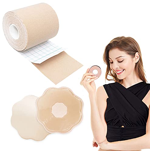 Breast Lift Tape, Instant Breast Lift,Breathable Chest Support for Breast Lift, Body Tape, Fashion Tape,Athletic Tape, Breast Tape Lifting Large Breast (Includes 2 Petal Nipple Covers)