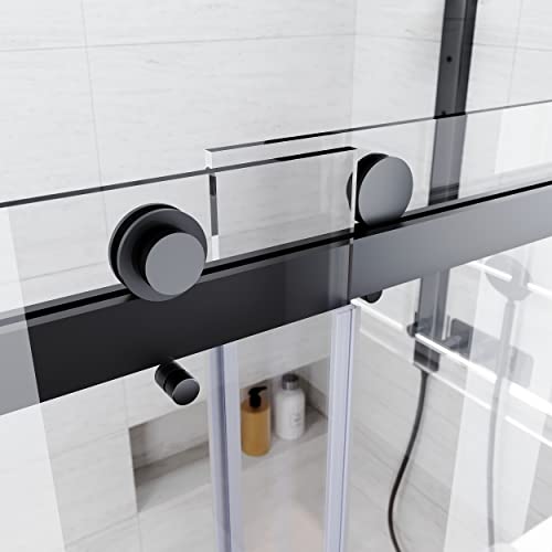 Yelna Frameless Double Matte Black Sliding Shower Glass Door 56-60 In.w X 76 In. H,Bypass Shower Enclosure,3/8" Thick Clear Tempered Glass,Heavy Duty Stainless Steel Hardwares,2Pcs Rectangle Handles #TOP3